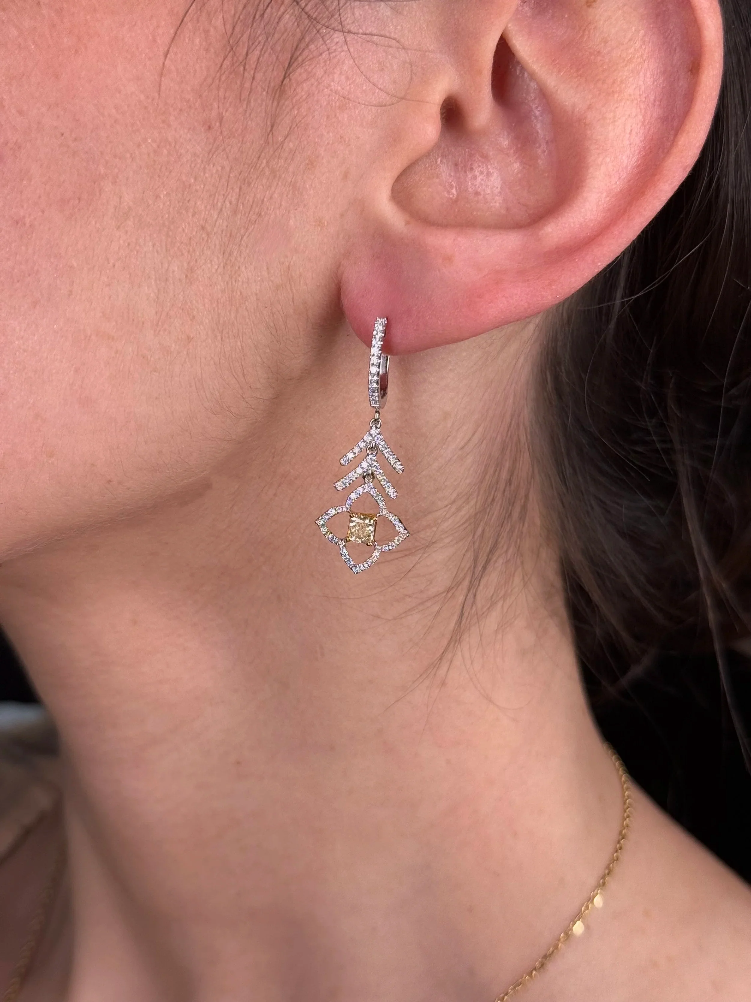Ladies Two Tone Radiant Yellow Diamond Fancy Earrings - Image 2