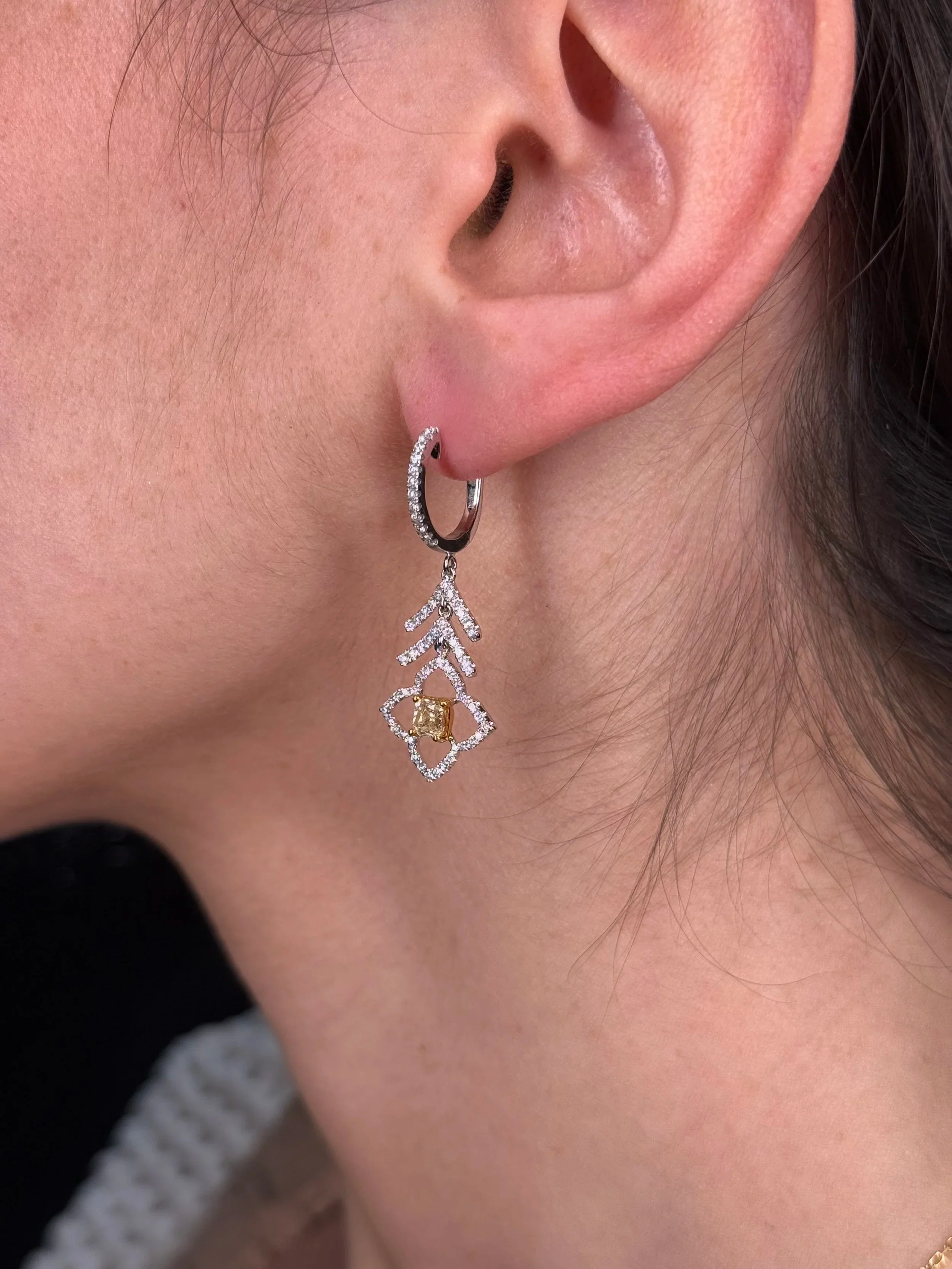 Ladies Two Tone Radiant Yellow Diamond Fancy Earrings - Image 3