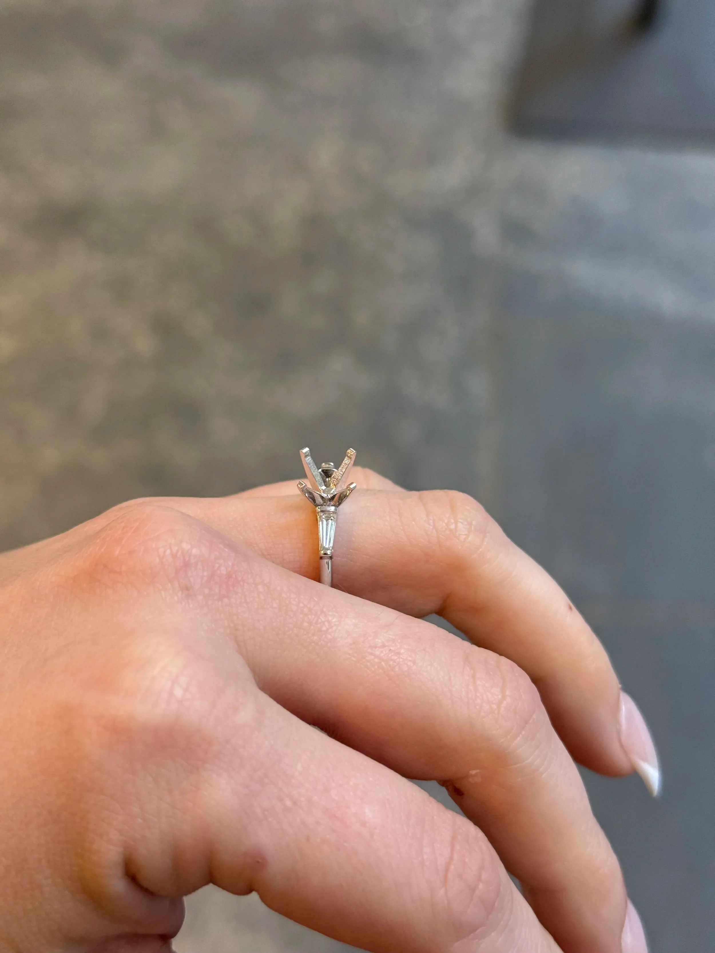 Ladies White Gold and Baguette Side Stone Engagement Ring - Image 3