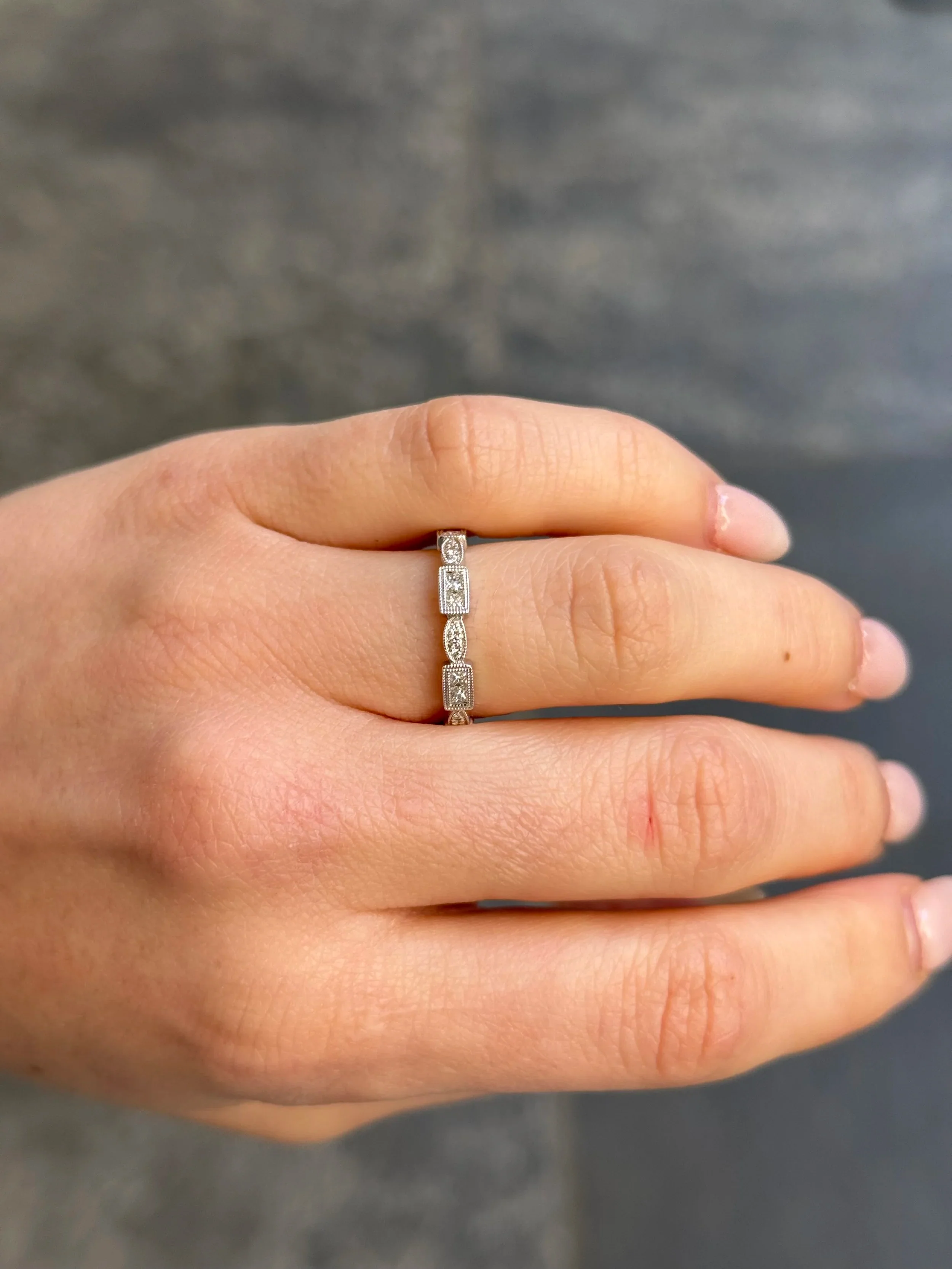 Ladies White Gold Milgrain Marquise and Emerald Cluster Wedding Band - Image 2