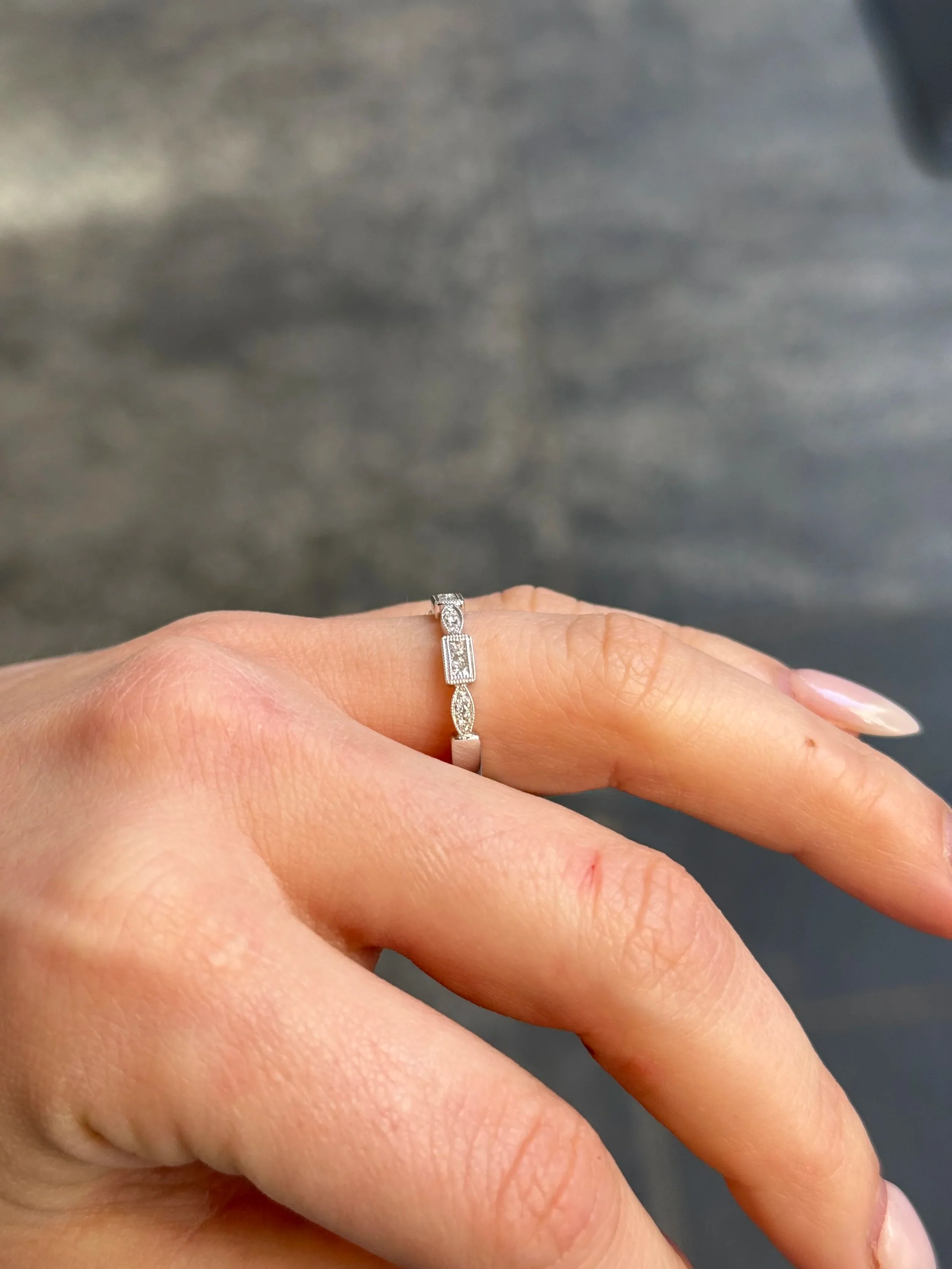 Ladies White Gold Milgrain Marquise and Emerald Cluster Wedding Band - Image 3