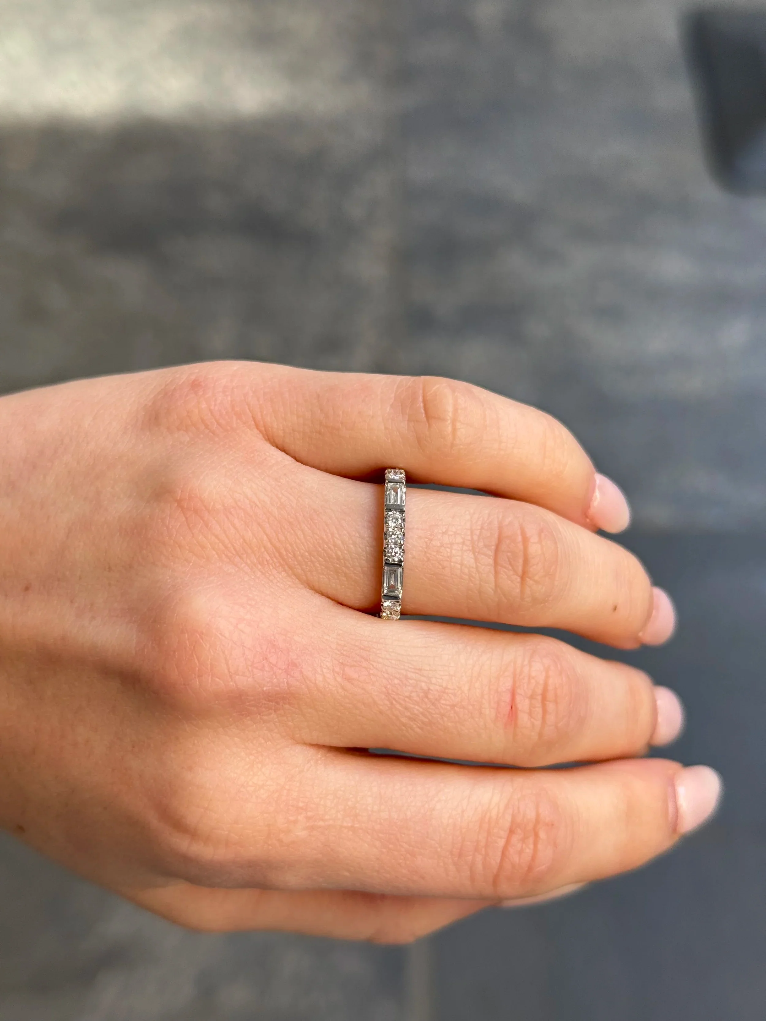 Ladies White Gold Round and Baguette Diamond Wedding Band - Image 2