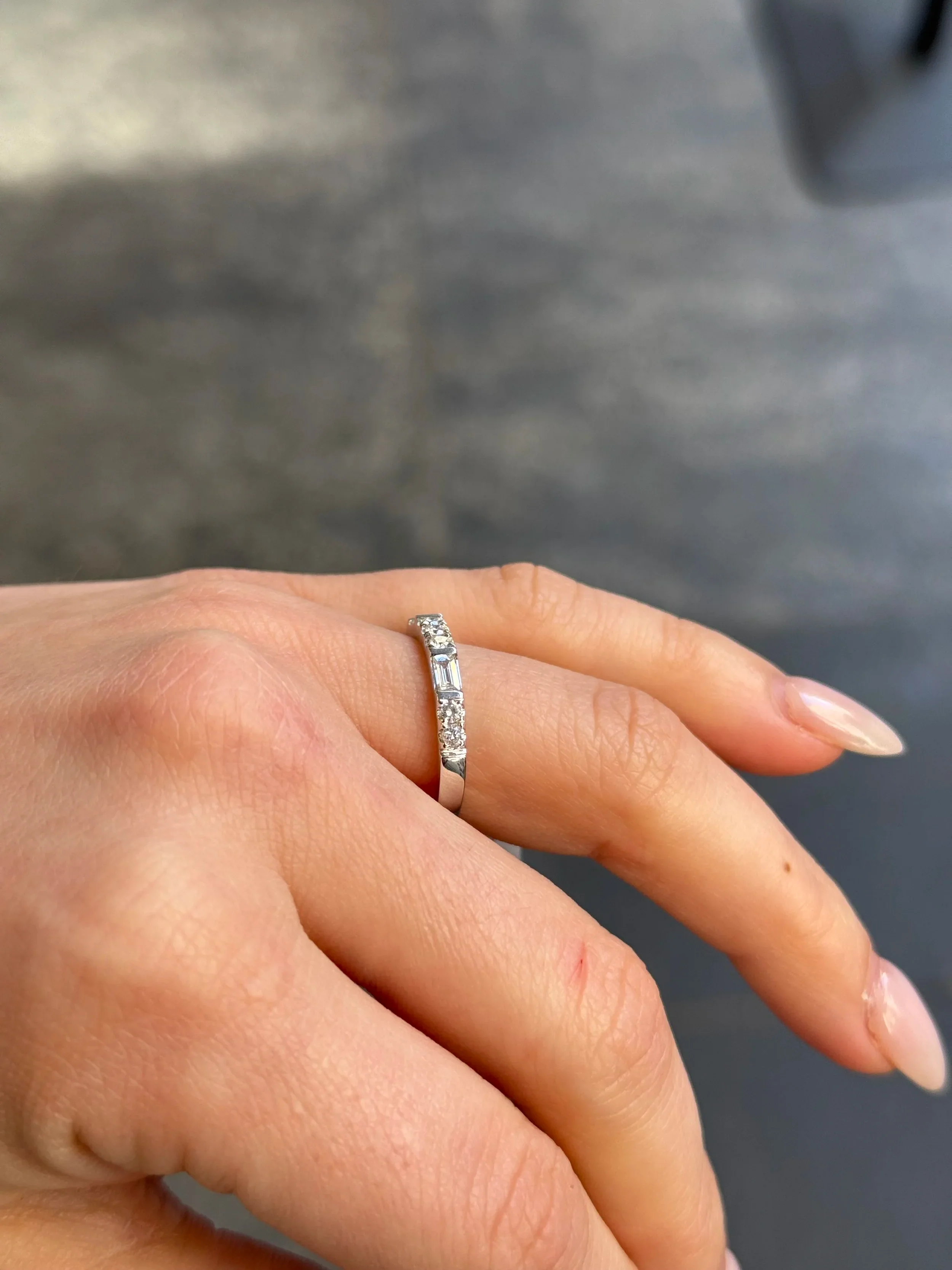 Ladies White Gold Round and Baguette Diamond Wedding Band - Image 3