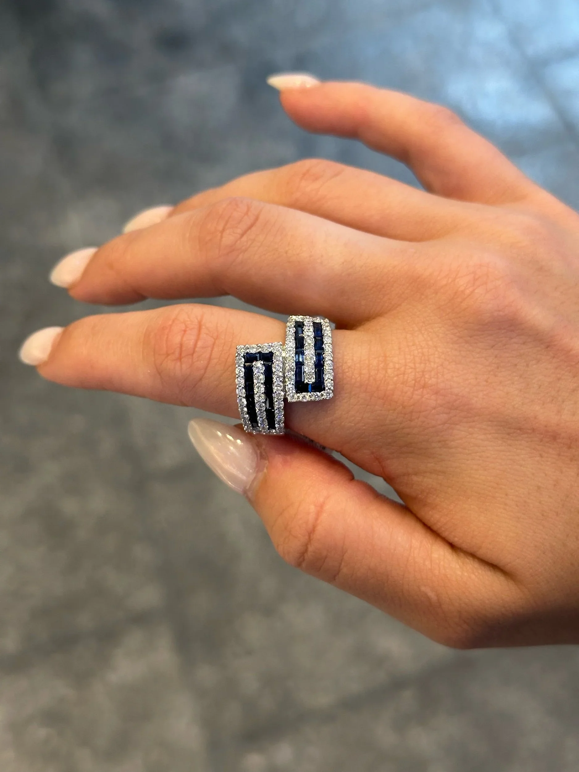 Ladies Wide Baguette Sapphire and Round Diamond Ring - Image 2