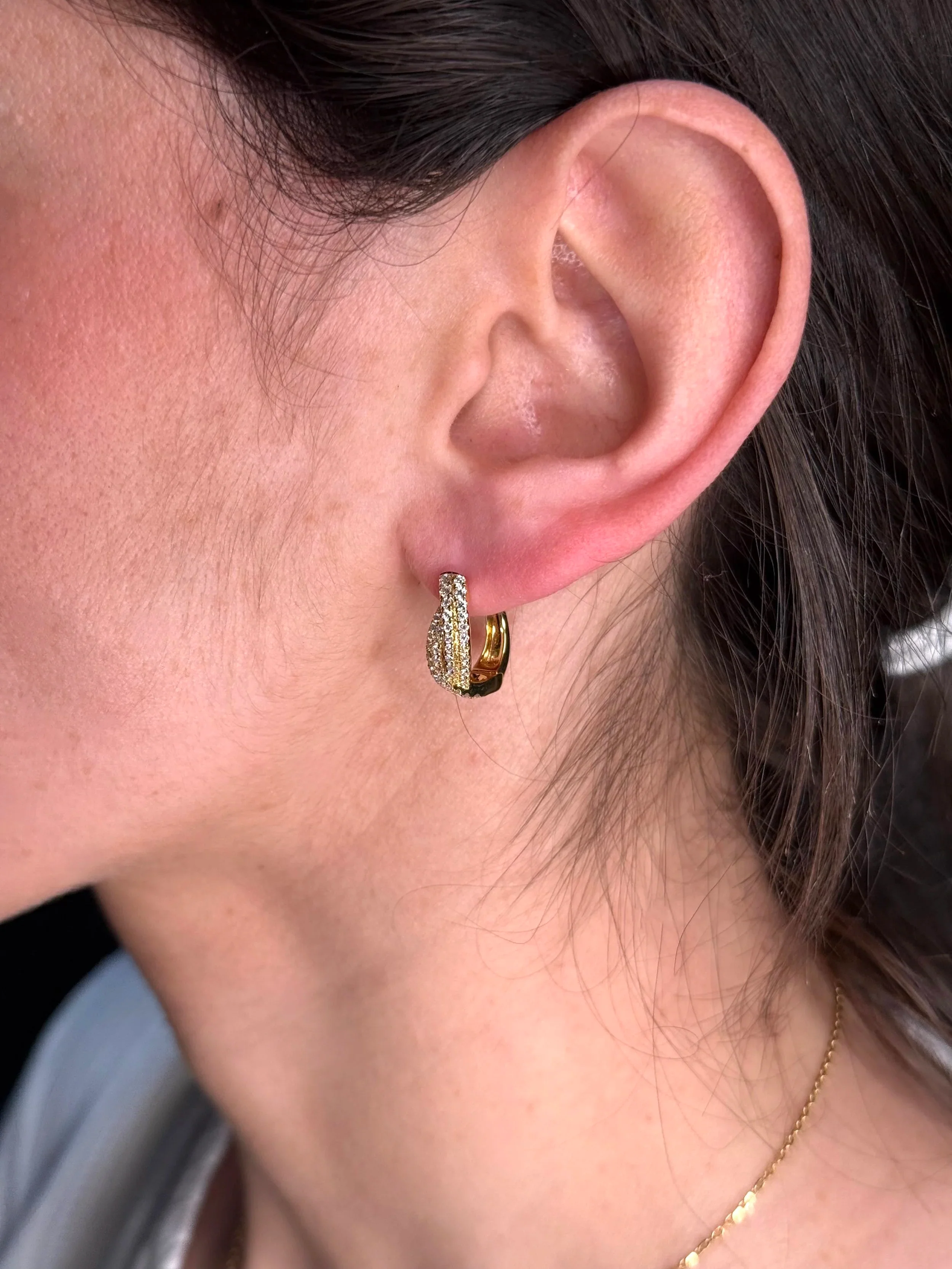 Ladies Yellow Gold Pave Set Twist Diamond Huggie - Image 3