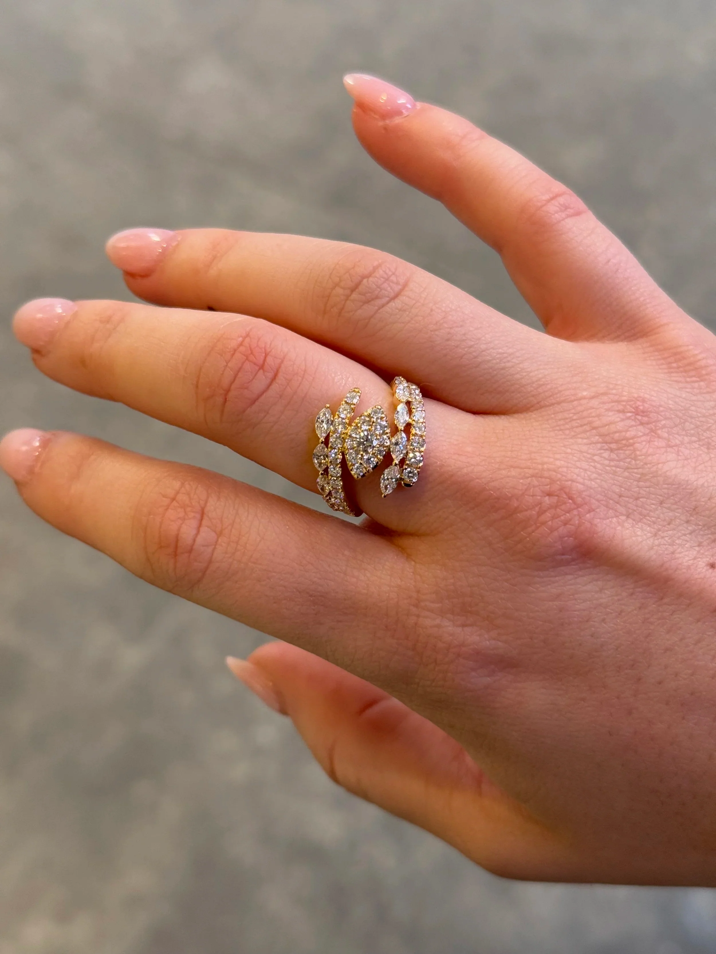 Ladies Yellow Gold Two Row Round and Marquise Diamond Ring - Image 2