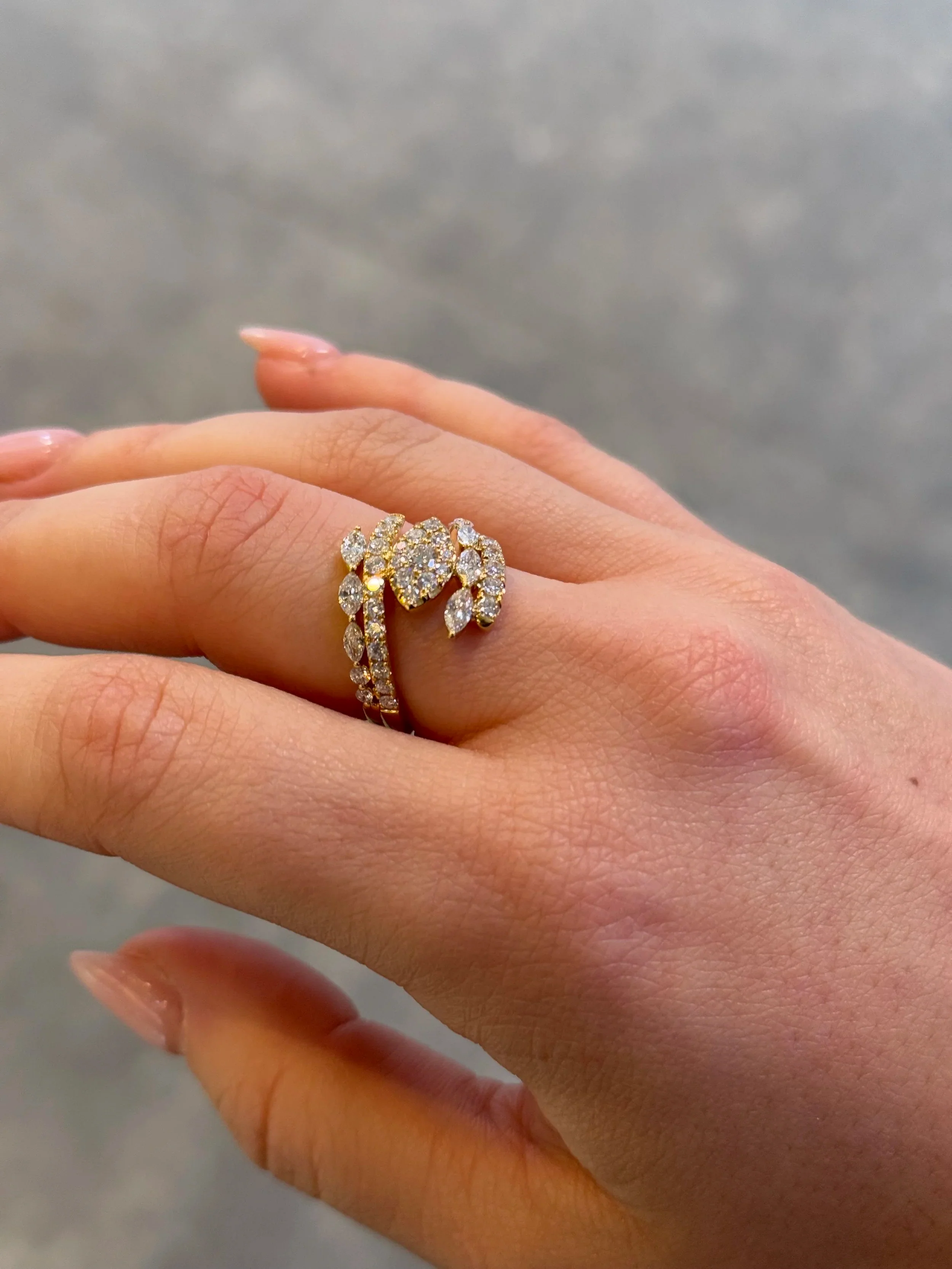 Ladies Yellow Gold Two Row Round and Marquise Diamond Ring - Image 3