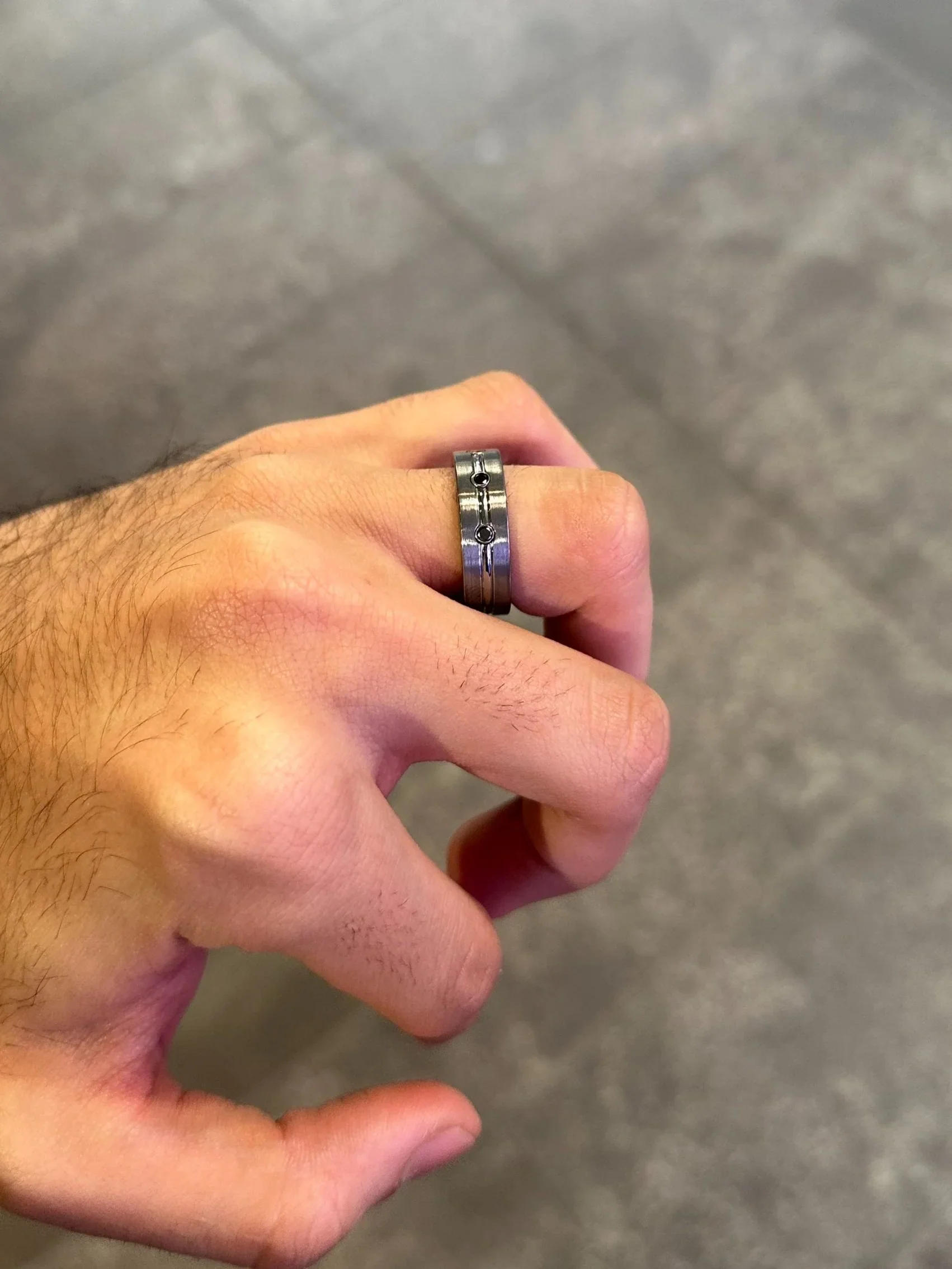 Men’s Three Black Diamond Tungsten Wedding Band - Image 3