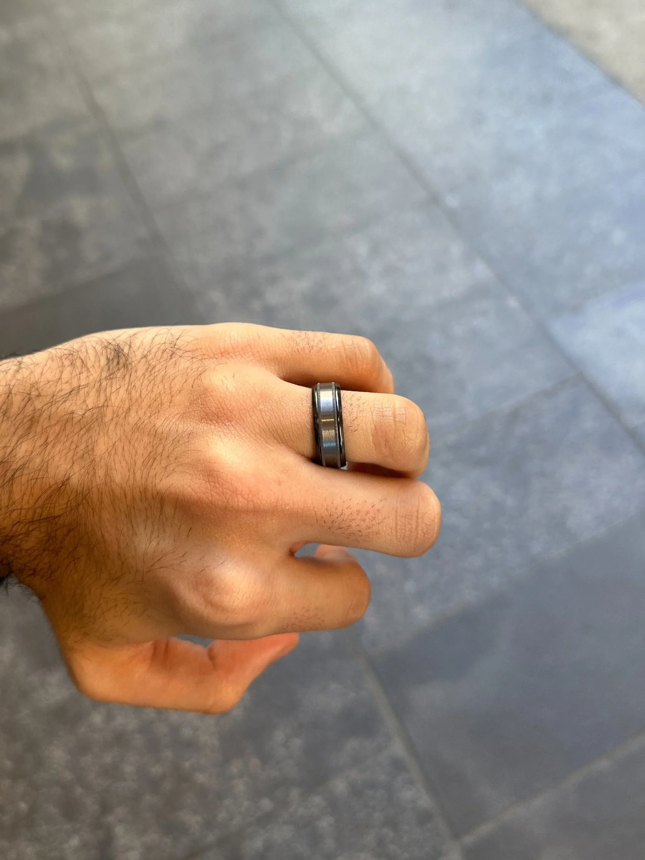Men’s Two Row Beveled Design Black Wedding Band - Image 2