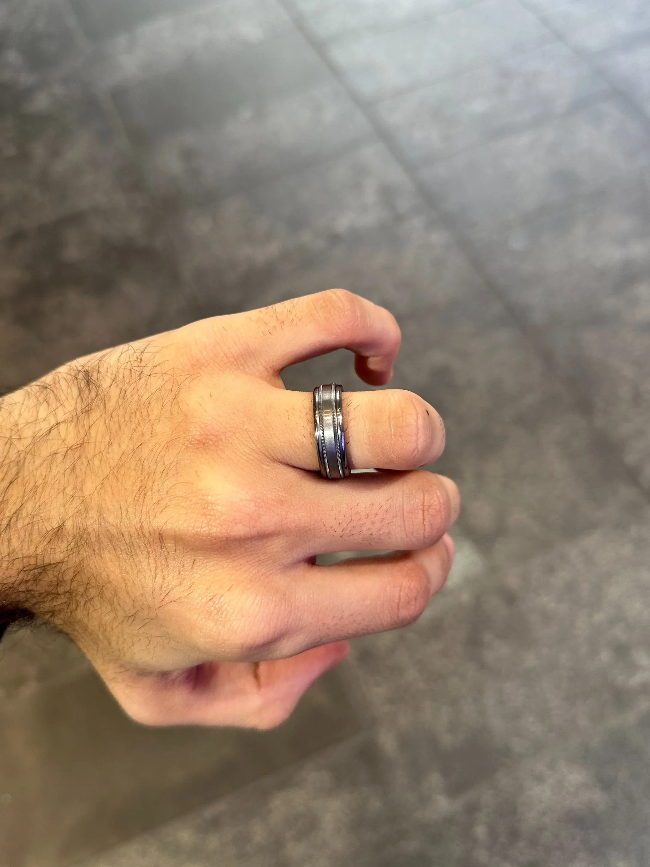 Men’s Two Row Beveled Design Grey Wedding Band - Image 2