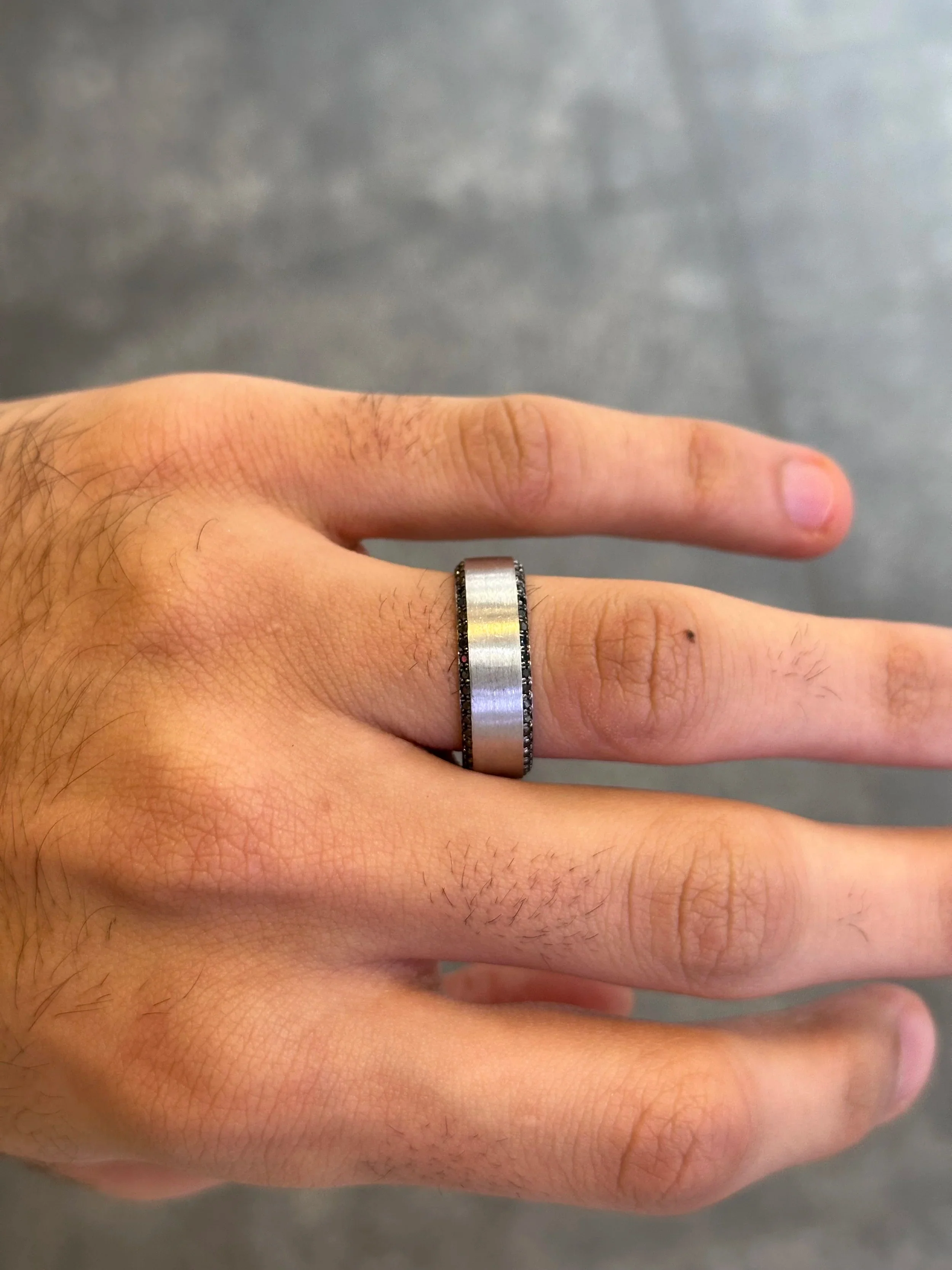 Men’s White Gold Two Row Black Diamond Wedding Band - Image 2