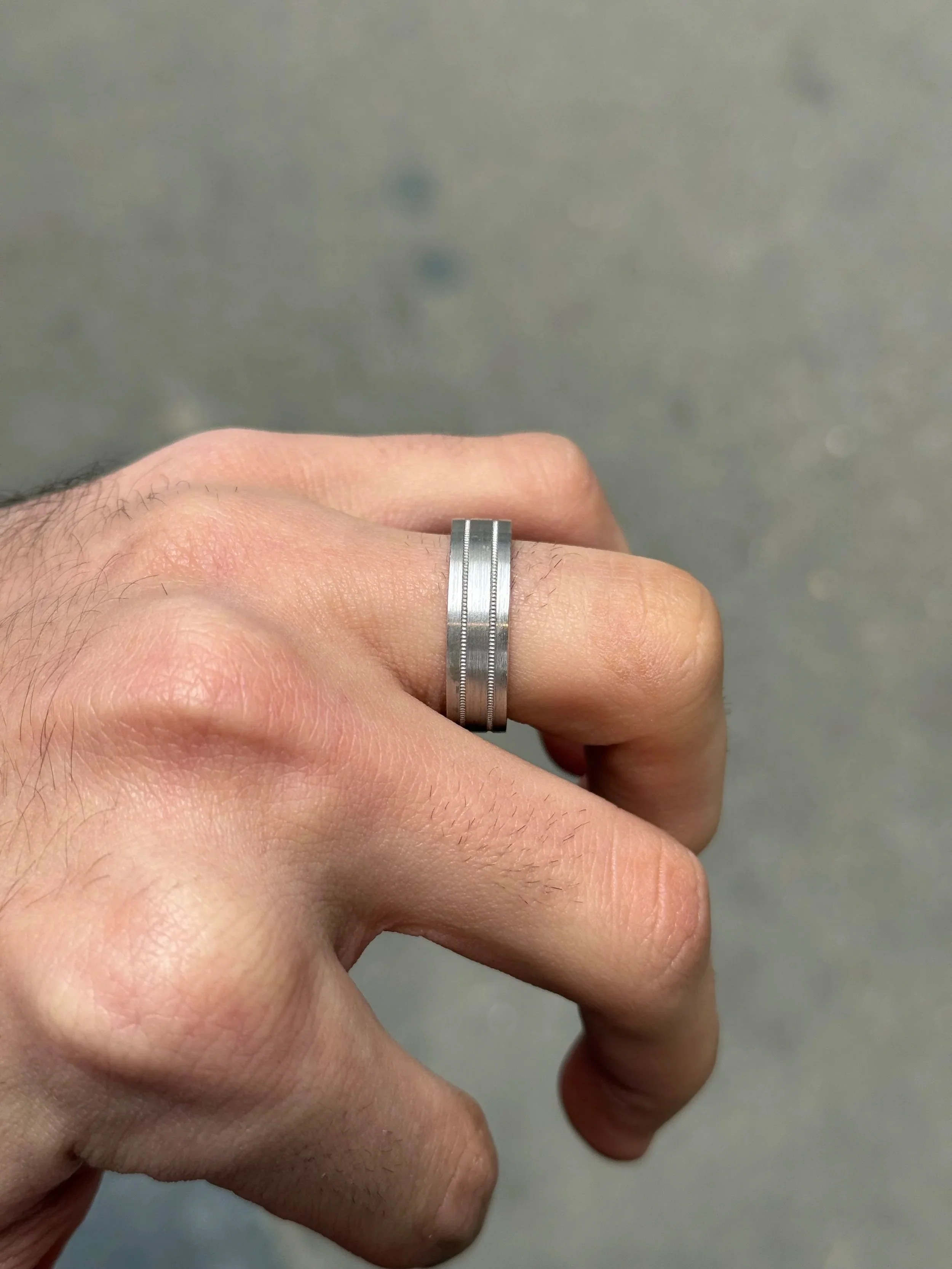 Men's Flat 2 Row Beveled Wedding Band - Image 3