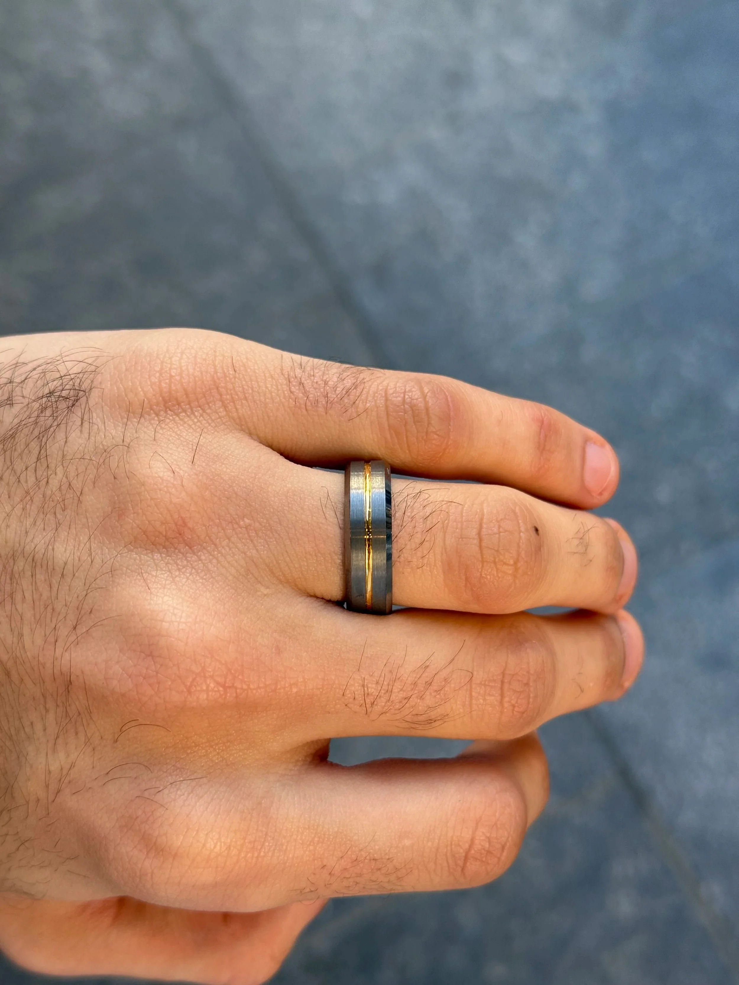 Men's Grey and Row of Yellow Wedding Band - Image 2
