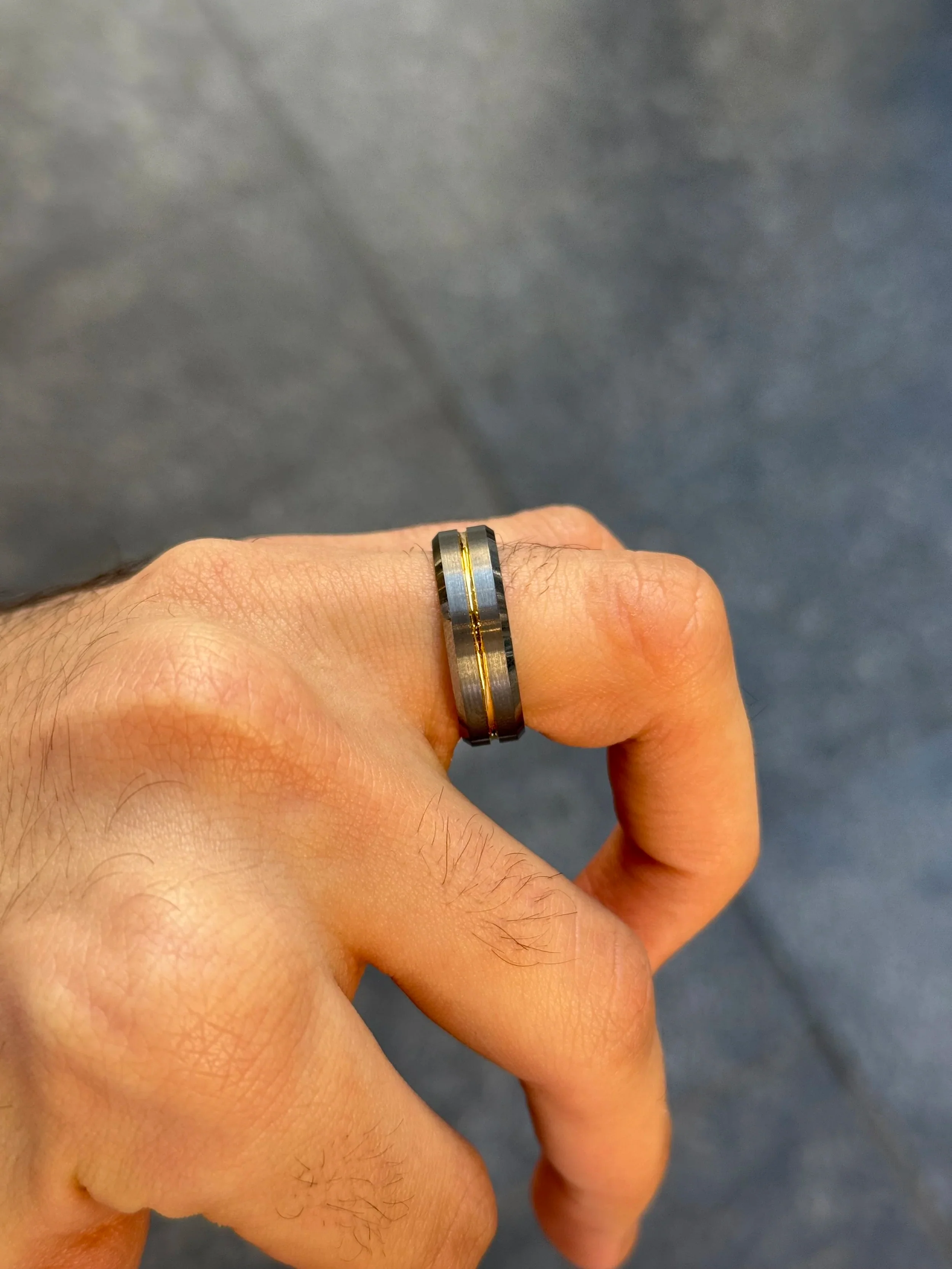 Men's Grey and Row of Yellow Wedding Band - Image 3