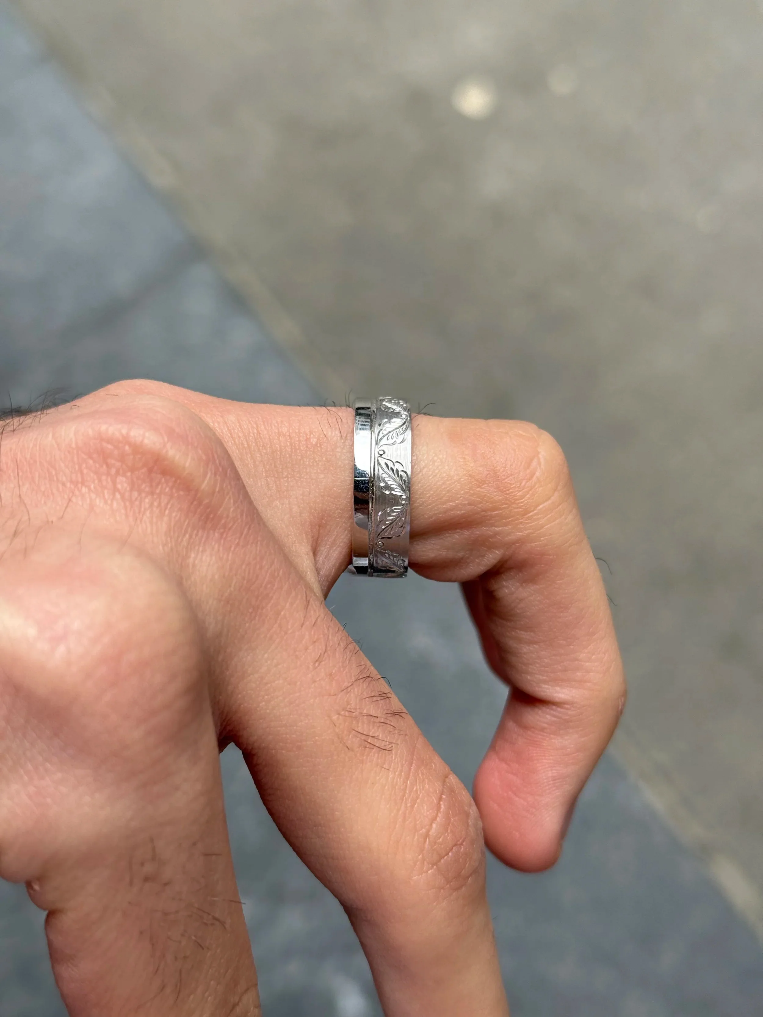 Men's Half Hand Engraved Half Polish Wedding Band - Image 3